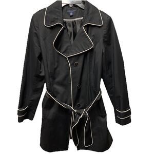 Tommy Hilfiger Women’s Large Classic Black Trench Coat with White Accent Piping
